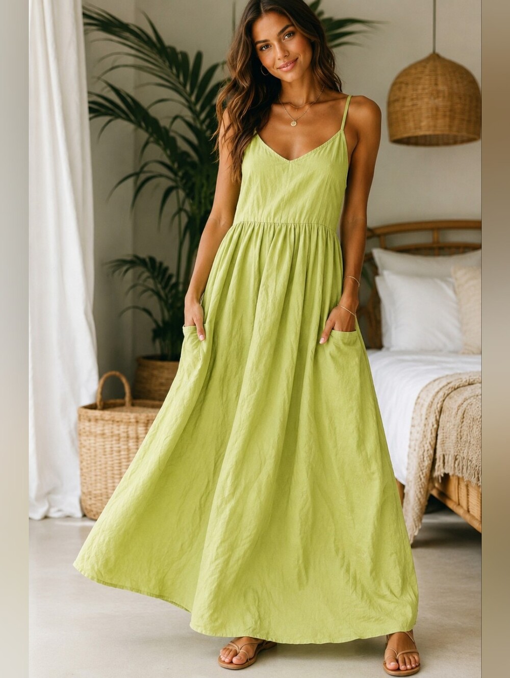 Linen-Blend Spaghetti Strap Maxi Dress in Lime